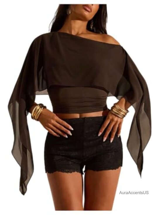 Tops - Women's Off Shoulder Cropped Cape Top Mesh Poncho 3/4 Sleeve Asymmetrical